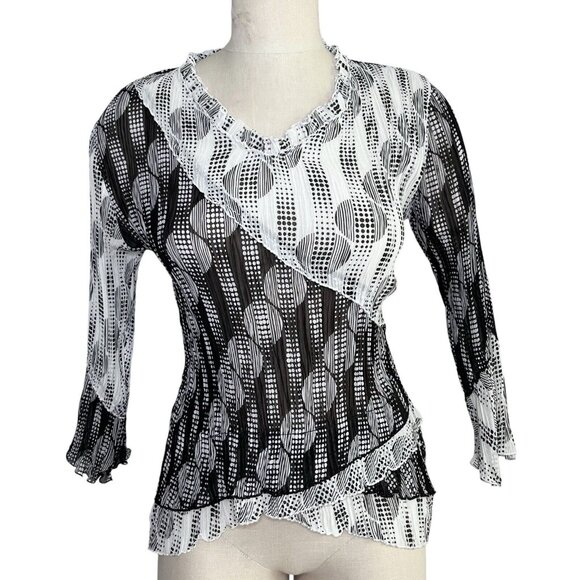 Vtg Lindi Womens Asymmetric Top Size L Crinkle Bell Sleeve Stretch‎ Ruffle Y2K - Picture 1 of 8